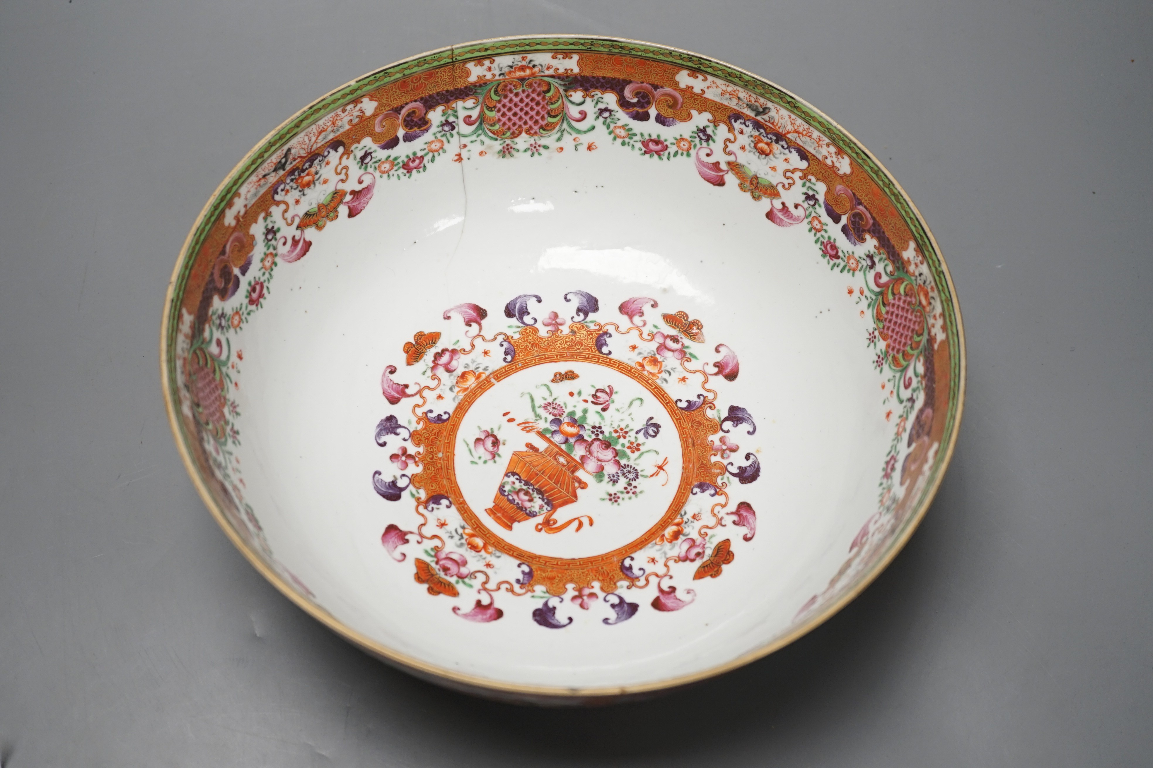 An 18th century Chinese export mandarin pattern porcelain bowl with hardwood stand 28.5cm diameter